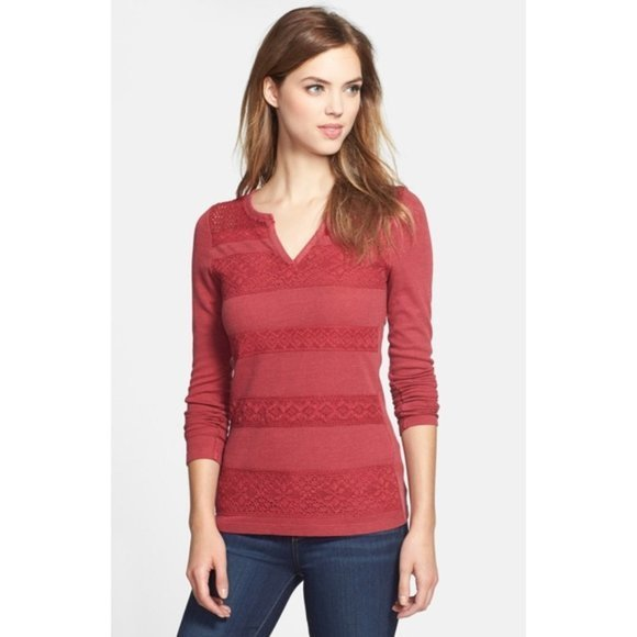 Lucky Brand‎ Medium M Red Lace Stripe Thermal Waffle Knit Long Sleeve Shirt Boho - Picture 1 of 6